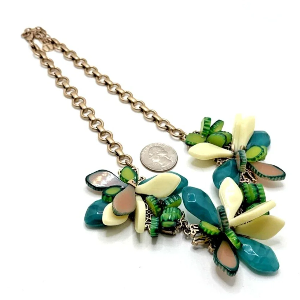 Talbots Green White Floral Necklace Gold Tone Statement Bib Runway 18-21